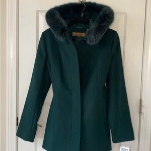 SACHI Fox Fur-Trimmed Deep Green Pea Coat